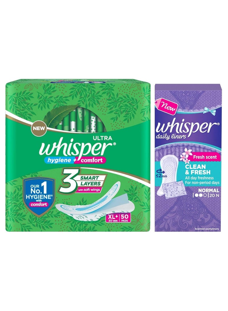 Whisper وسادات صحية ويزبر ألترا كلين للنساء|50 وسادة رقيقة|XL+|نظافة وراحة|أجنحة ناعمة|ورقة علوية جافة|مناسبة للتدفق الغزير|خالية من الروائح|31.7 سم طول (عبوة من 1) - Image 4